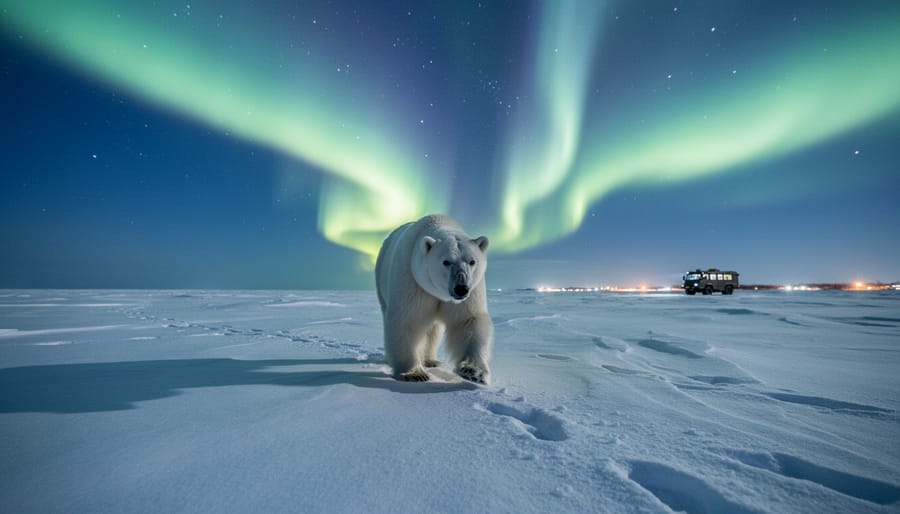 Polar bear walking across snowy tundra near Hudson Bay under green aurora borealis, with faint Churchill lights and a tundra vehicle silhouette on the horizon at night