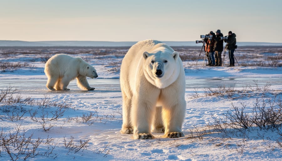 Polar bear walking across snowy Arctic tundra near Churchill, Manitoba
