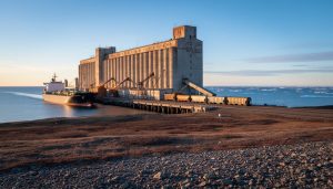 Wide view of Churchill’s grain elevators and deepwater dock at golden hour, with a bulk carrier moored and railcars unloading grain, tundra shoreline and distant sea ice under cool blue skies.