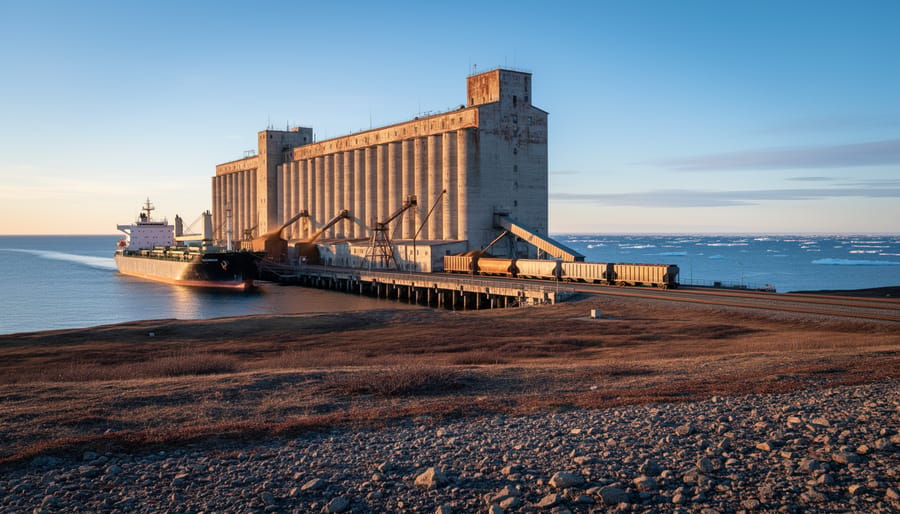 Wide view of Churchill’s grain elevators and deepwater dock at golden hour, with a bulk carrier moored and railcars unloading grain, tundra shoreline and distant sea ice under cool blue skies.