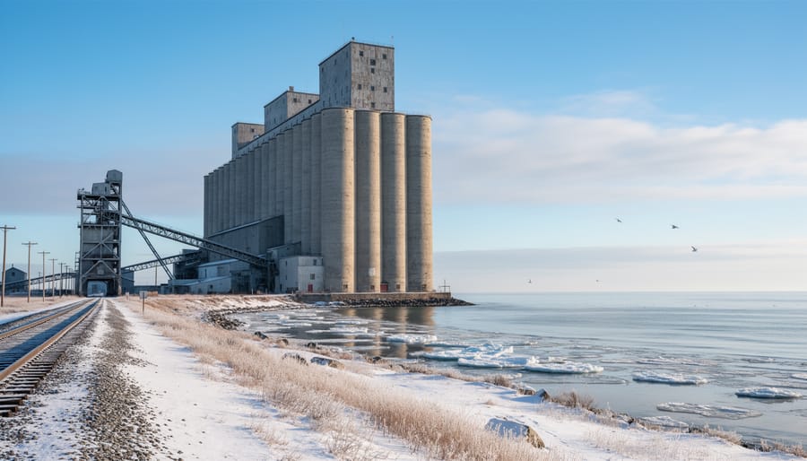 Massive concrete grain elevator towers rising above Churchill's waterfront with Hudson Bay in background