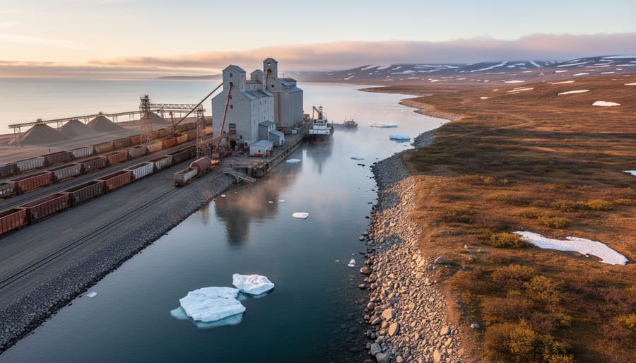 Churchill grain port silhouetted against dramatic Arctic sunset with Hudson Bay shoreline