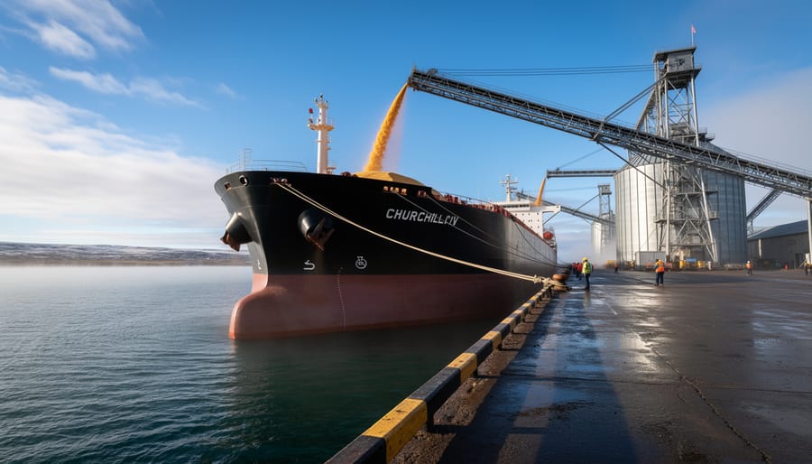 Aerial view of grain freighter ship docked at Port of Churchill loading terminal