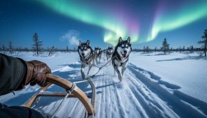 Alaskan huskies pulling a dog sled across hard-packed snow in Churchill, Manitoba, with northern lights over the tundra and stunted spruce in the background.