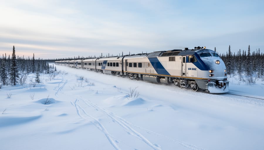 A passenger train travels along snow-covered tracks through a northern Manitoba landscape toward Churchill.