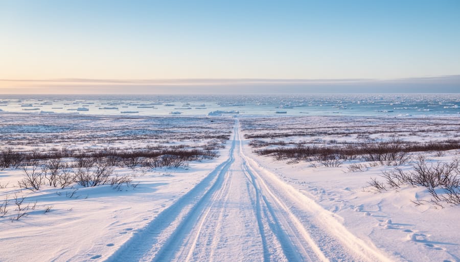 A person in winter clothing stands on snowy tundra near Hudson Bay in Churchill, Manitoba.
