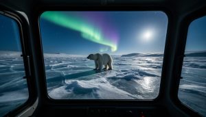 Polar bear in the snow near a tundra wildlife vehicle with green and purple northern lights over Hudson Bay