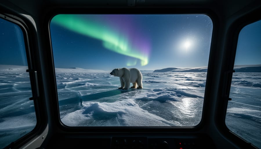 Polar bear in the snow near a tundra wildlife vehicle with green and purple northern lights over Hudson Bay