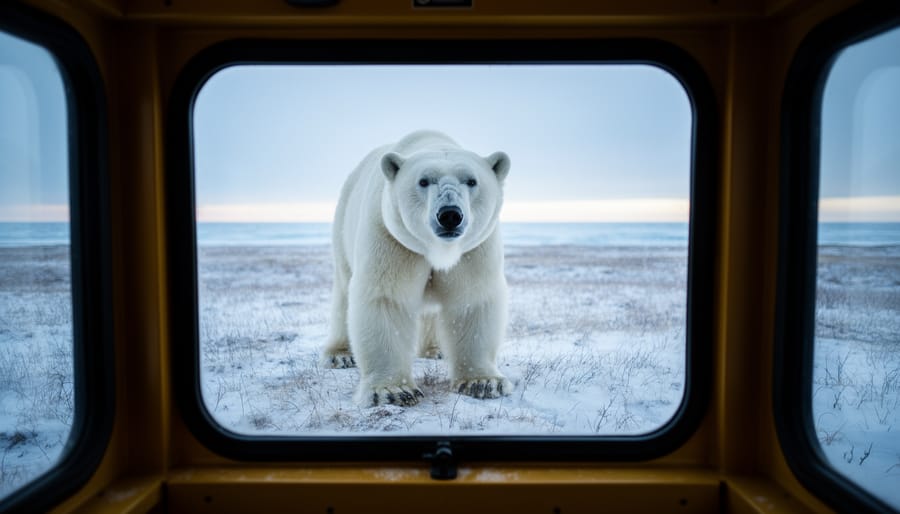 View from inside a tundra buggy looking out at a polar bear standing on the tundra near the Hudson Bay horizon in Churchill, Manitoba.
