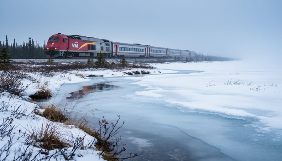 A passenger train in the distance traveling through tundra toward the icy shoreline of Hudson Bay near Churchill, Manitoba, with boreal forest fading into the Arctic landscape.