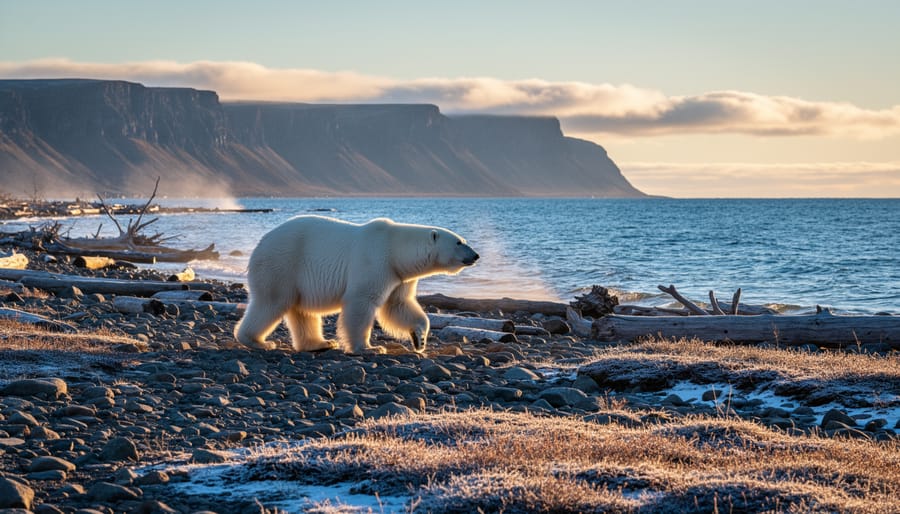 Guide watching a polar bear along the shoreline of Hudson Bay during autumn