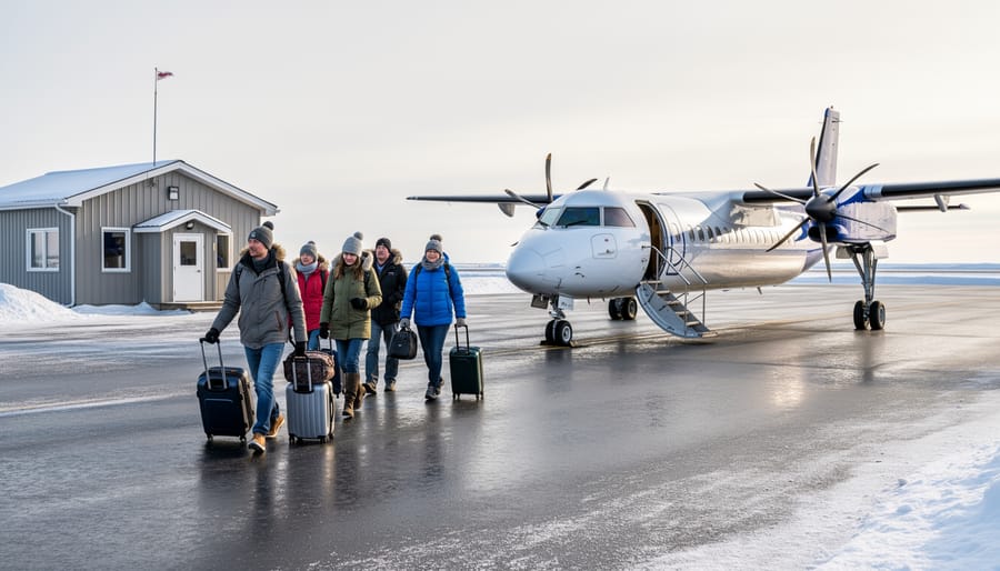 Passengers boarding a small plane at a remote northern air terminal in snowy conditions.