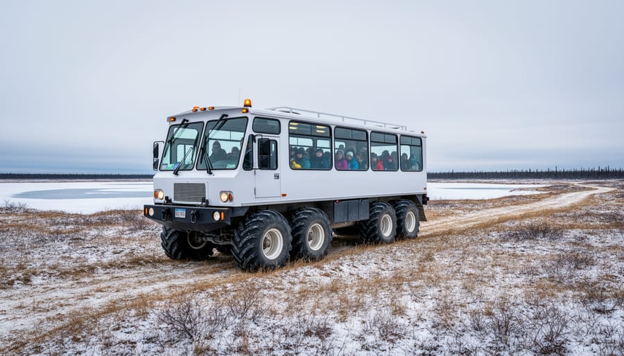 People in winter clothing boarding a tundra buggy in Churchill