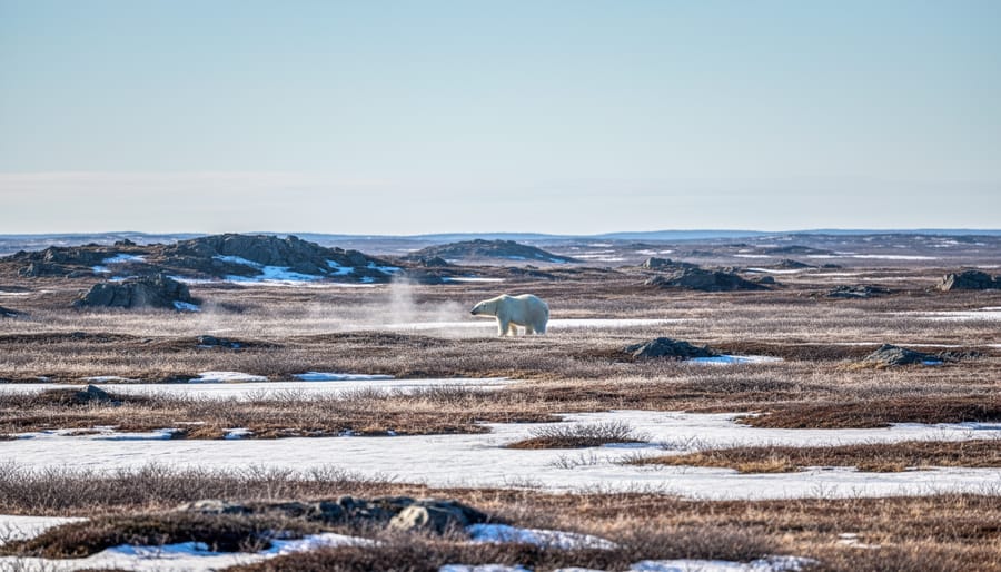 Polar bear standing on Arctic tundra near sea ice in Churchill, viewed from a safe distance