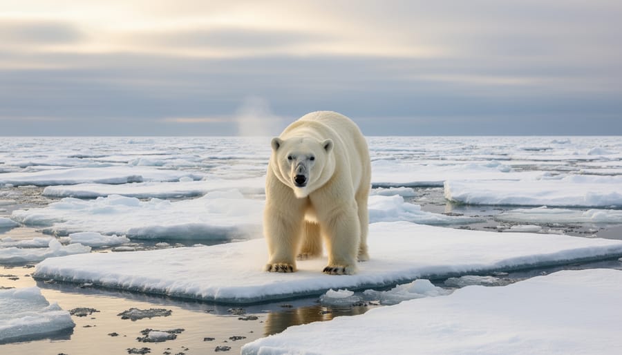 Polar bear standing on Hudson Bay sea ice in Churchill, Manitoba