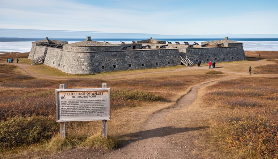 Restored Fort Prince of Wales building exterior in Churchill with snow in the foreground