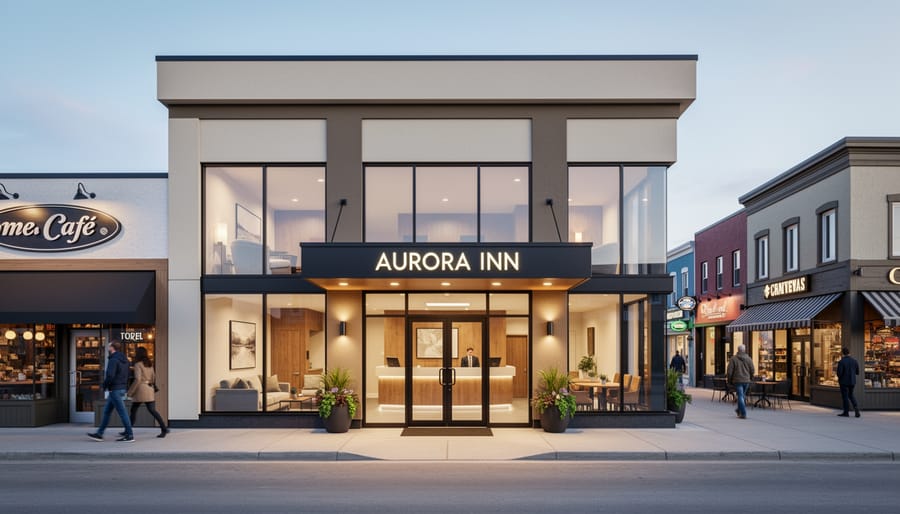 Aurora Inn entrance in Churchill, Manitoba during subarctic weather