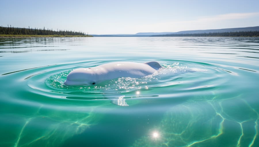 White beluga whale surfacing in the Churchill River near the Arctic shoreline