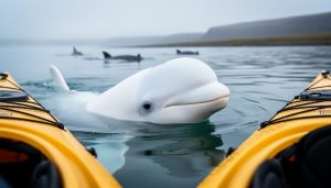 White beluga whale surfacing near a kayak in Churchill’s Arctic estuary during summer whale watching.