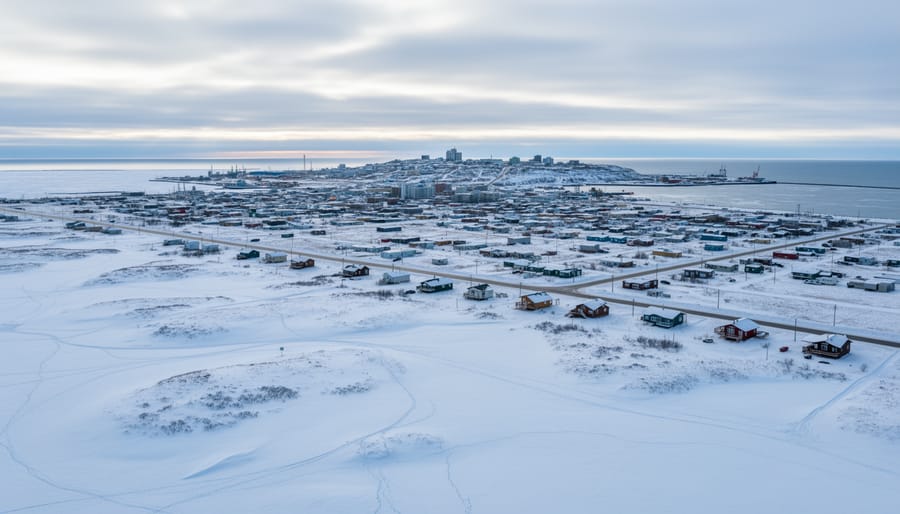 Wide panoramic view of snowy tundra and distant Churchill buildings under a cold northern sky