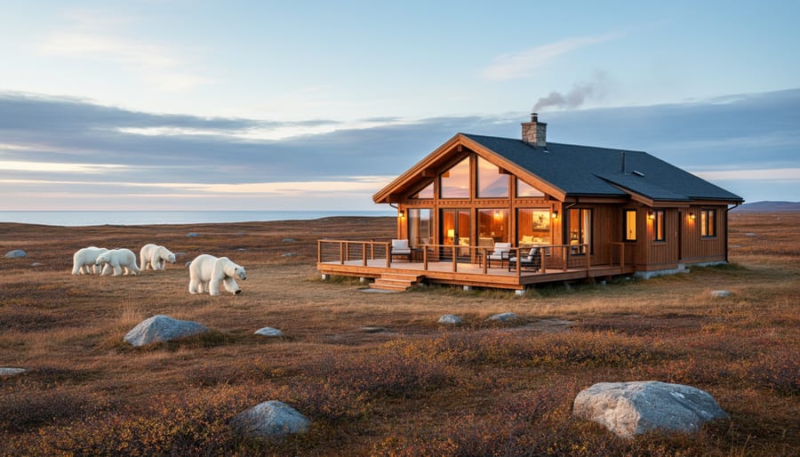 Remote Churchill Wild lodge building with windows and snowy tundra in the background