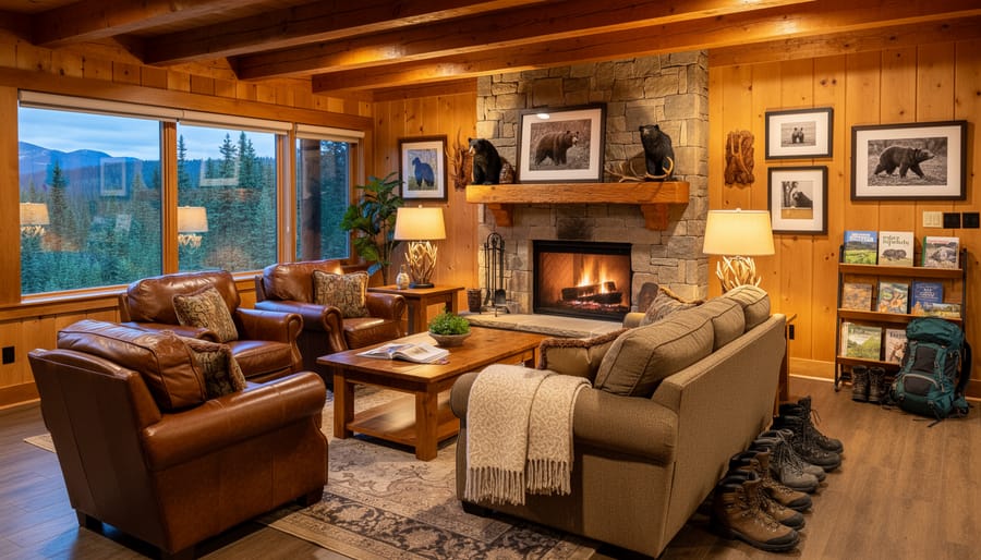 Guest relaxing in the cozy lounge of Lazy Bear Lodge in Churchill, Canada