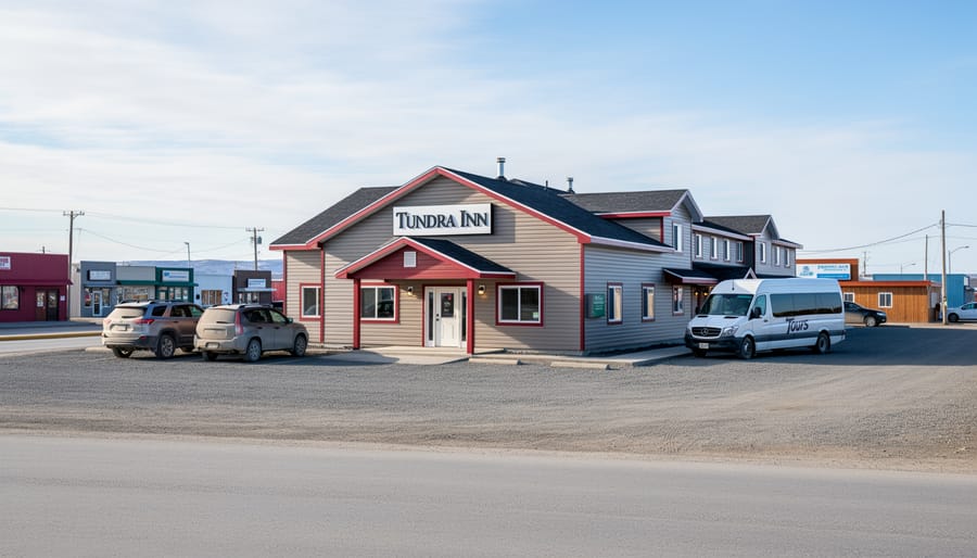 Tundra Inn exterior in Churchill with winter clothing and a guest walking to the entrance