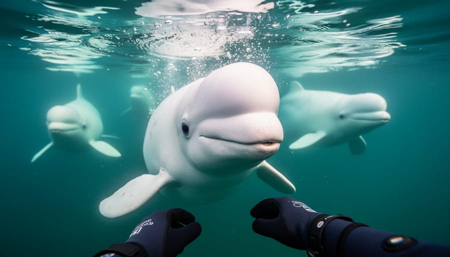 Diver underwater looking at a beluga whale swimming nearby