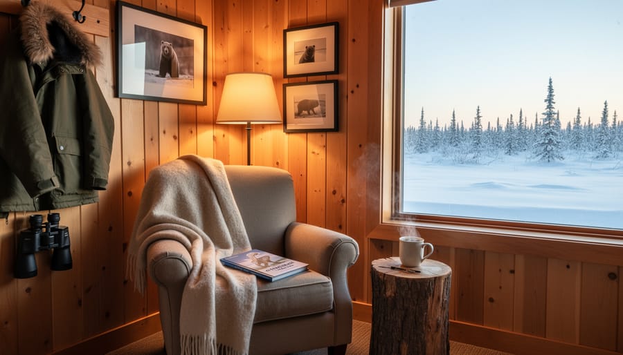 Warm blanket and steaming cup by a window at Wat'chee Lodge looking out on snowy tundra