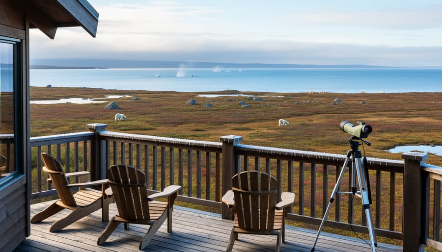 People on a snowy lodge deck using binoculars toward Hudson Bay near White Whale Lodge