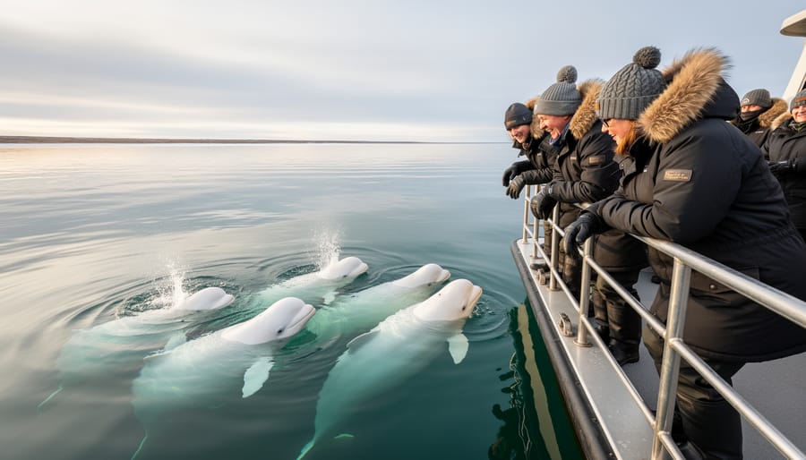 Tour group on a small zodiac boat observing beluga whales in the Churchill River