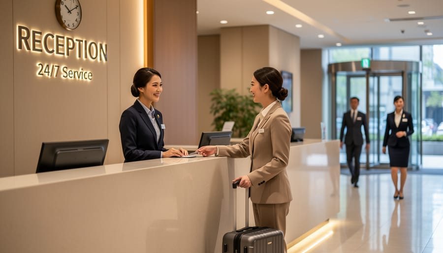 Front desk staff member handing a key card to a traveler in a hotel lobby