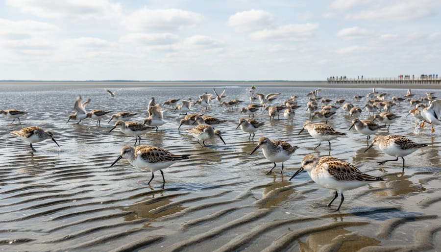 Arctic shorebirds feeding on wet tidal flats during spring migration