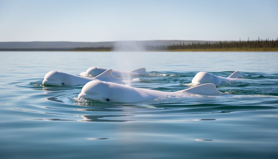 Beluga whales surfacing in the Churchill River estuary near the eastern shore