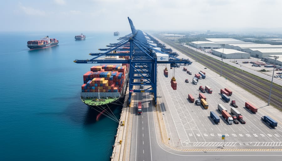 A bulk grain ship docked at a working port with harbor water reflections.