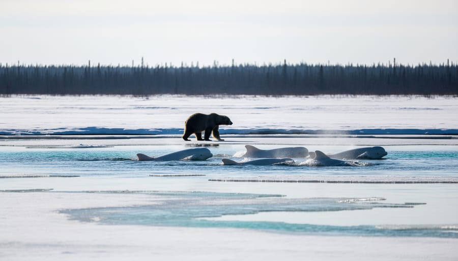 Polar bear on icy shoreline with beluga whales surfacing in the Churchill River near Churchill’s eastern shore, with tundra and boreal forest in the distance.
