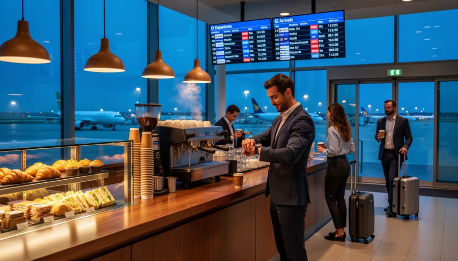 Coffee station with a latte and snacks in a hotel coffee shop area