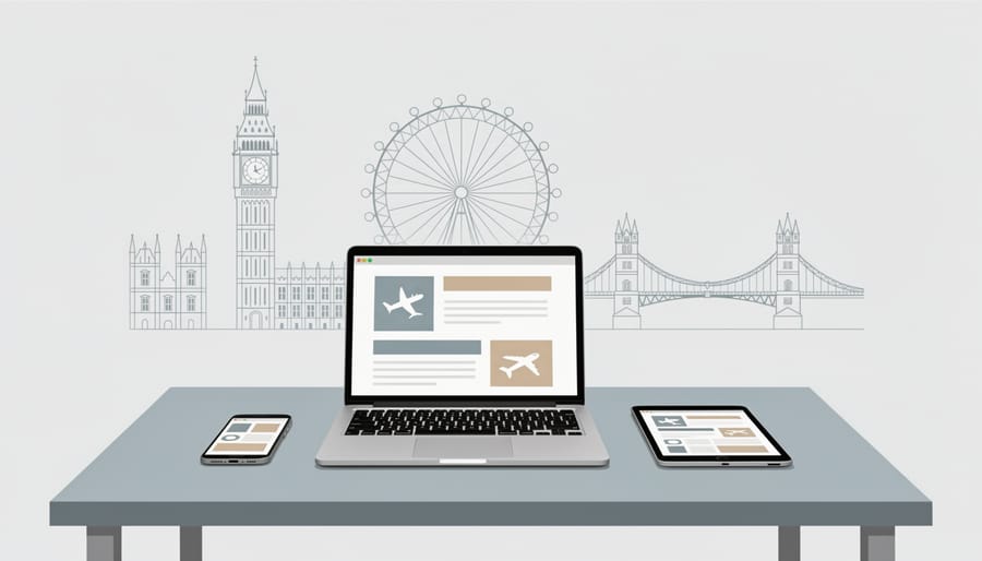 Hands using a smartphone and laptop on a hotel desk for online trip planning
