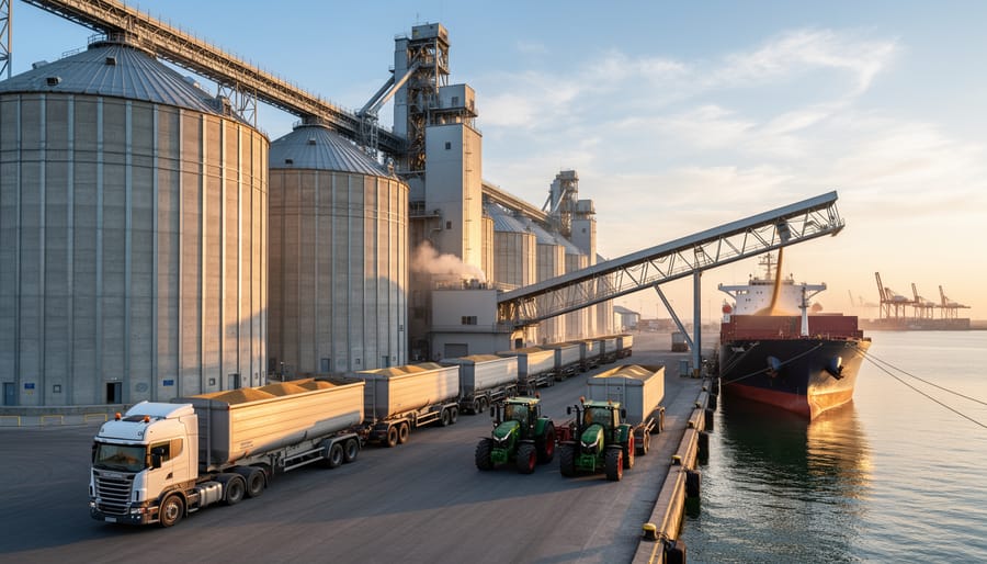Grain elevator and port handling infrastructure near a working dock in warm light.