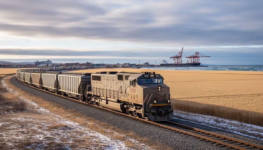 A grain freight train moving toward a northern port along the rail line.