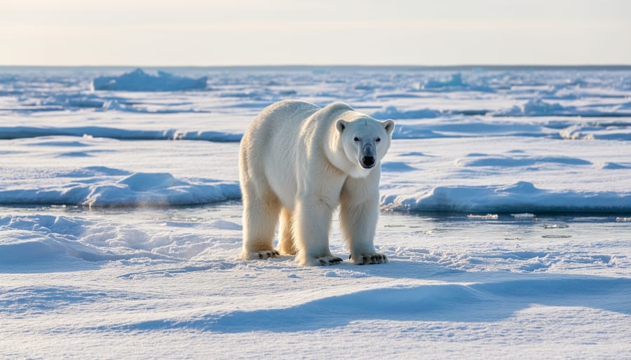 Polar bear standing on sea ice near the eastern shore of Hudson Bay