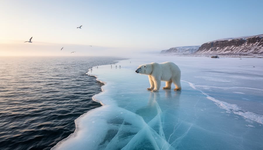 Close view of sea ice forming along the shore with open water in the Hudson Bay area