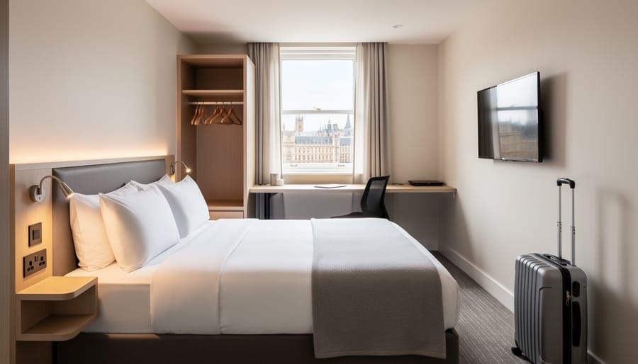 Compact hotel room interior with a bed, desk lamp, and a small seating area