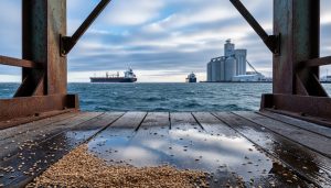 Grain-loading dock and port infrastructure at Churchill, Manitoba, with a bulk carrier offshore on Hudson Bay under a cloudy Arctic sky.