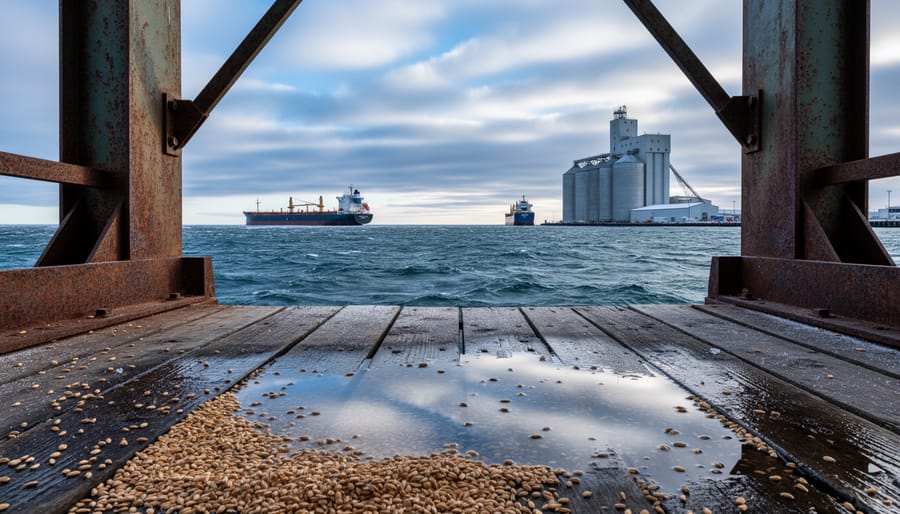 Grain-loading dock and port infrastructure at Churchill, Manitoba, with a bulk carrier offshore on Hudson Bay under a cloudy Arctic sky.