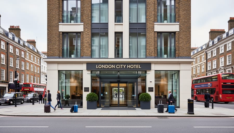 Hotel exterior in central London with entrance and surrounding buildings
