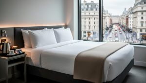 Modern hotel room with a neatly made bed and a tea-and-coffee tray, with a blurred view of central London through the window