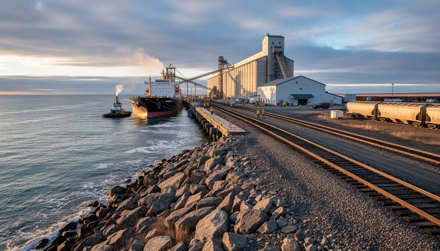 Cargo vessels and port infrastructure at Churchill in cold arctic conditions.