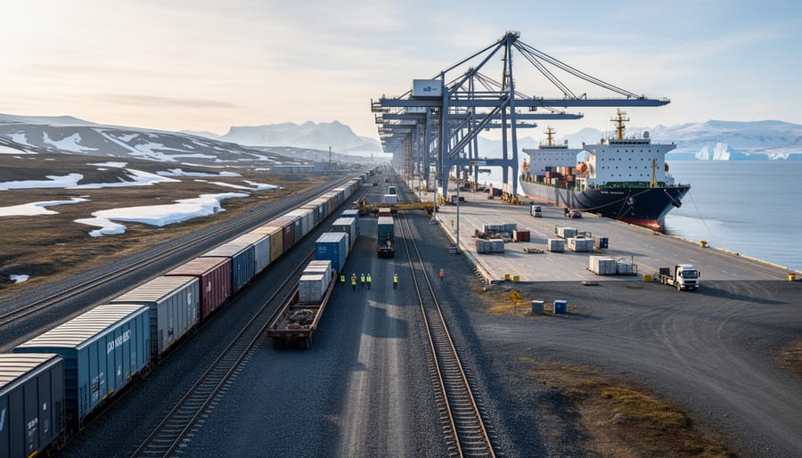 Containers and bulk-loading equipment beside rail tracks at the Port of Churchill under soft morning light.