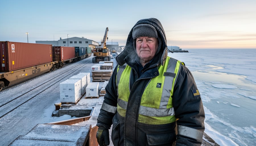 Port worker in winter gear standing on the dock near grain-loading equipment at Churchill.
